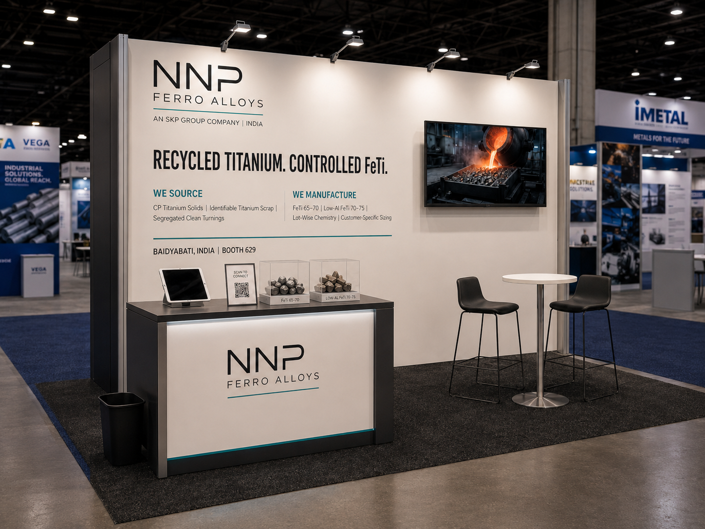 Angled walk-up view of the NNP Ferro Alloys exhibition booth