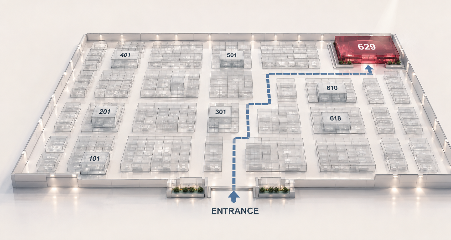 Shallow 3D view of the exhibition floor showing the entrance and the illuminated NNP booth 629 at the far-right edge